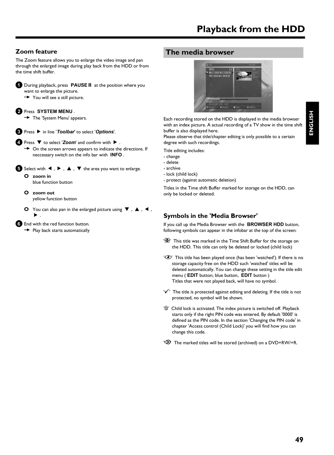 Philips HDRW 720/00-02 operating instructions Media browser, Zoom feature, Symbols in the Media Browser 