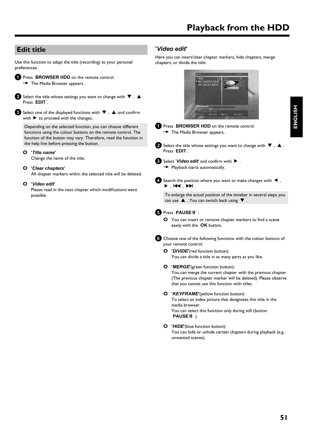 Philips HDRW 720/00-02 Edit title, Title name, Change the name of the title, Clear chapters, Video edit 