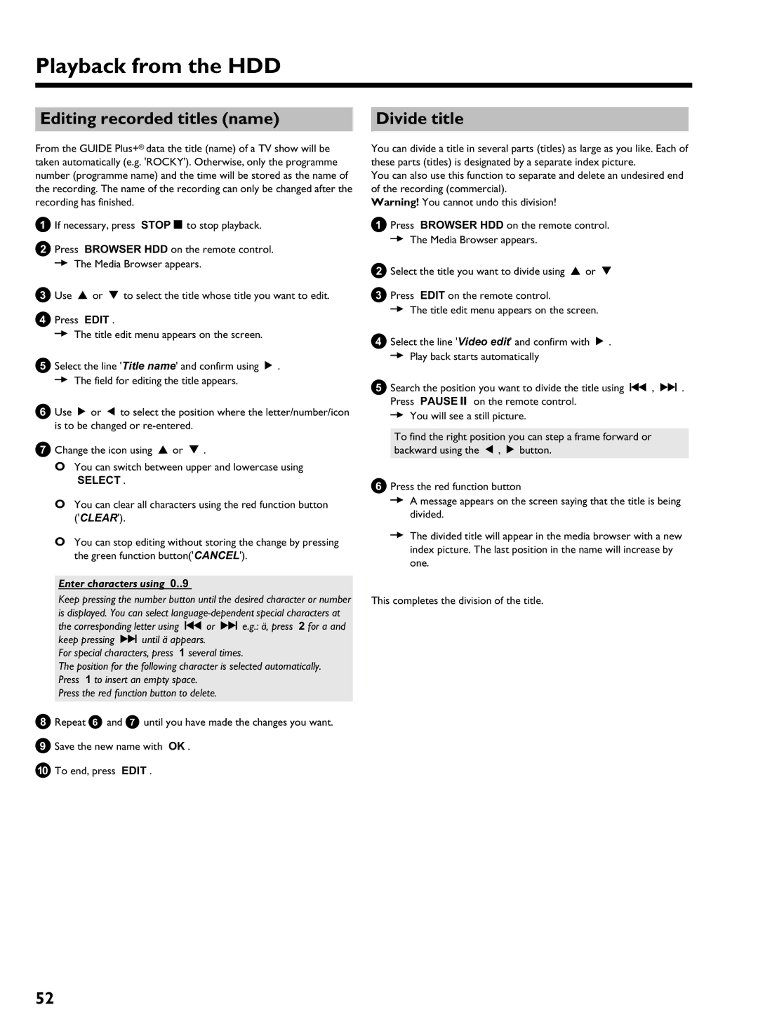 Philips HDRW 720/00-02 operating instructions Editing recorded titles name Divide title, Select, Enter characters using 