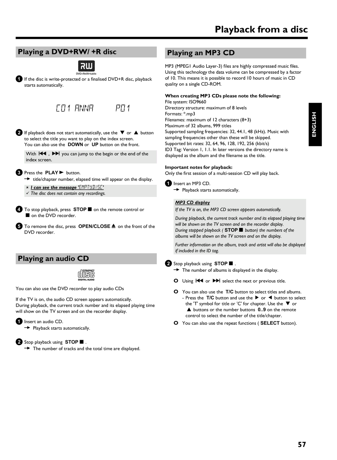 Philips HDRW 720/00-02 Playing a DVD+RW/ +R disc Playing an MP3 CD, Playing an audio CD, Important notes for playback 