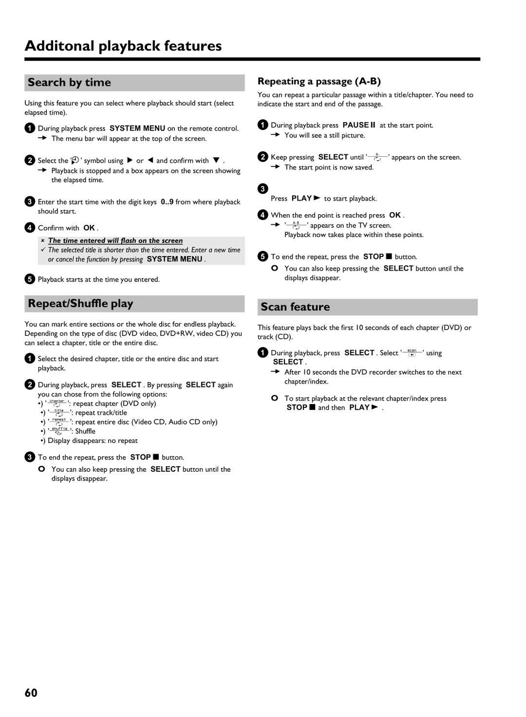 Philips HDRW 720/00-02 operating instructions Search by time, Repeat/Shuffle play Scan feature, Repeating a passage a 