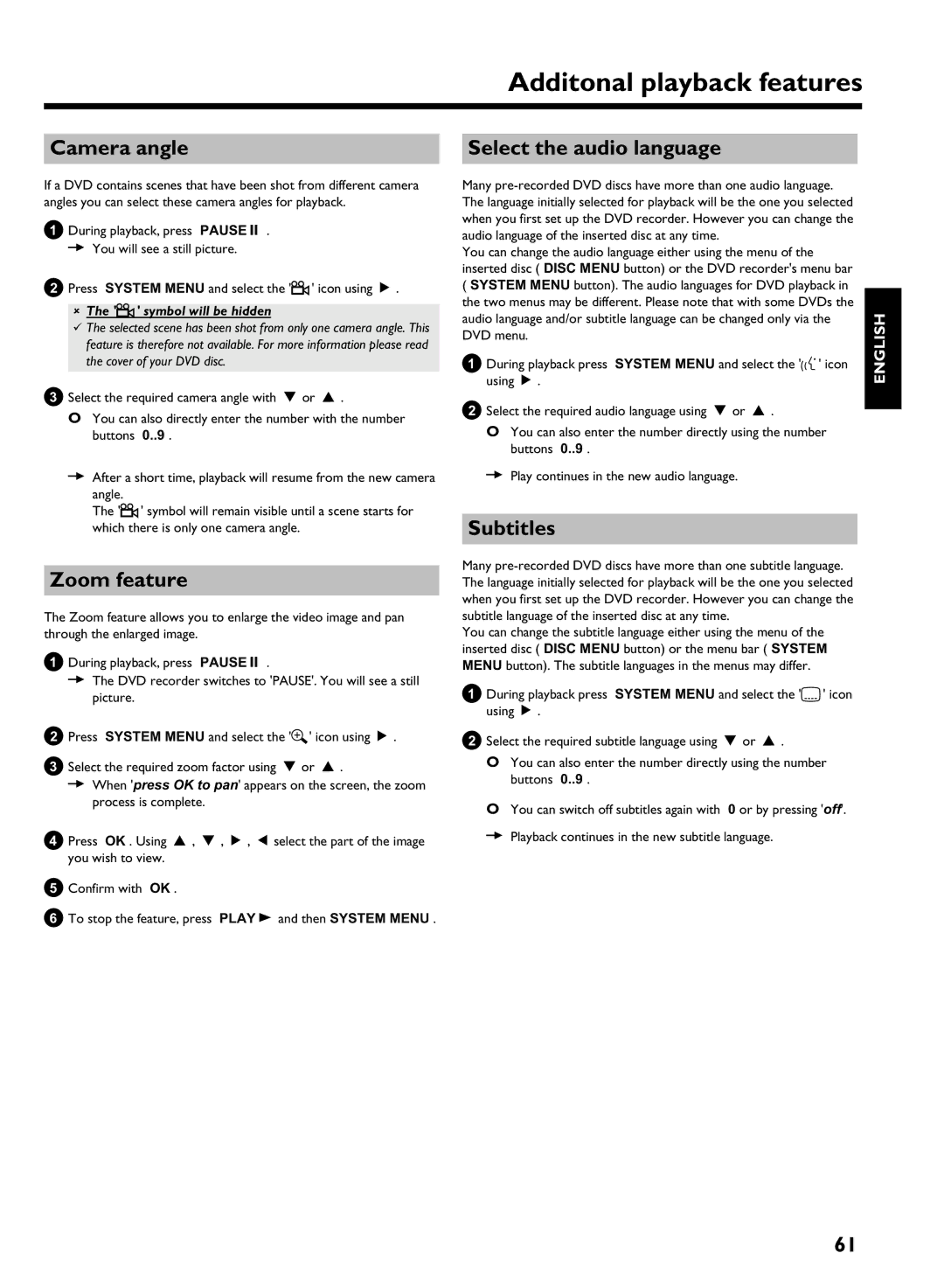 Philips HDRW 720/00-02 Camera angle, Zoom feature, Select the audio language, Subtitles, F symbol will be hidden 