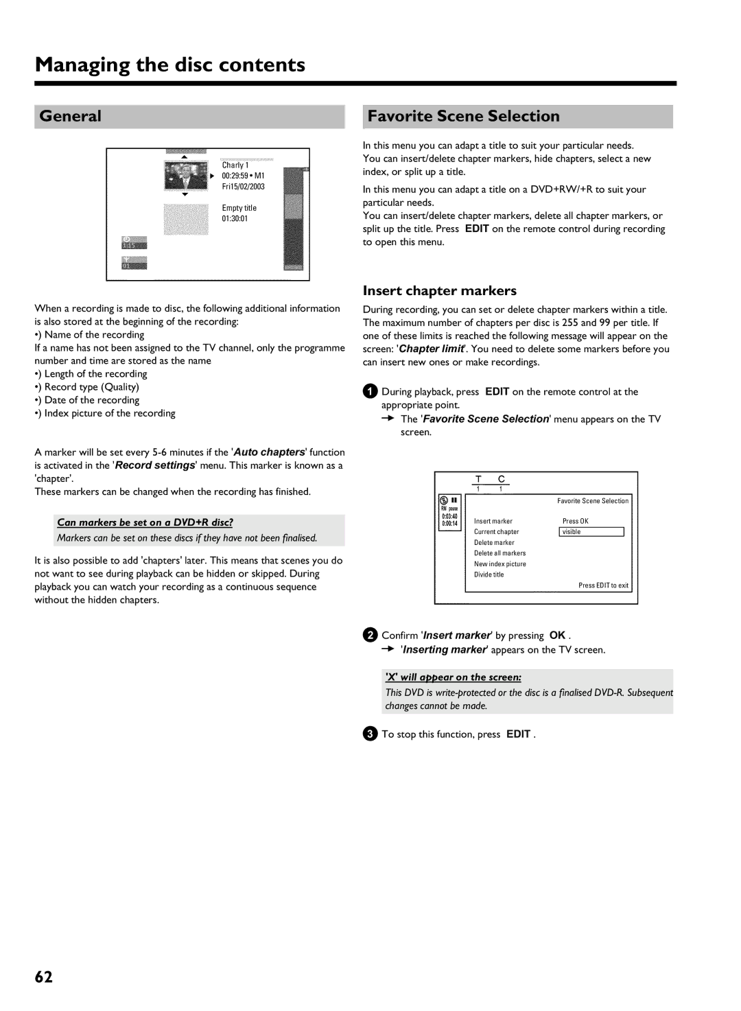 Philips HDRW 720/00-02 operating instructions Managing the disc contents 