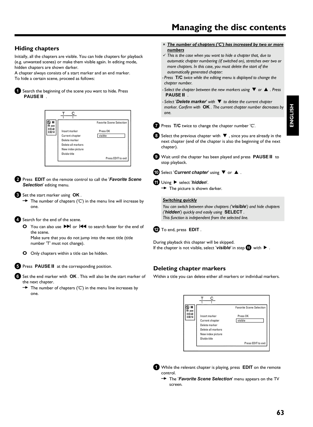 Philips HDRW 720/00-02 operating instructions Hiding chapters, Deleting chapter markers, Numbers, Switching quickly 