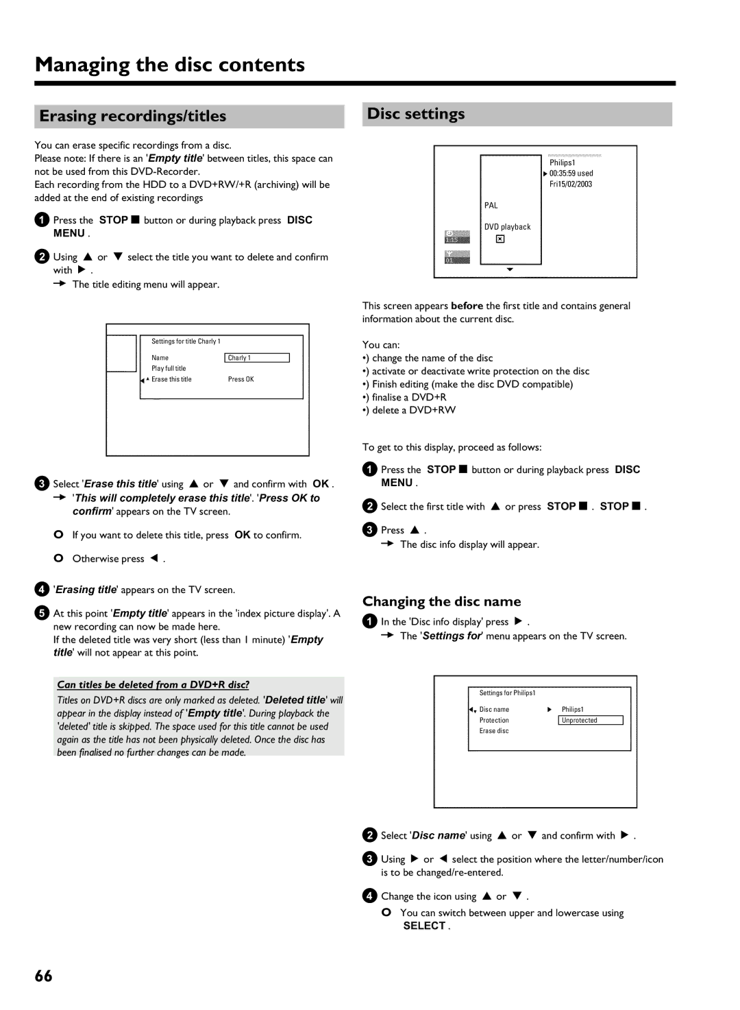 Philips HDRW 720/00-02 operating instructions Erasing recordings/titles Disc settings, Changing the disc name 