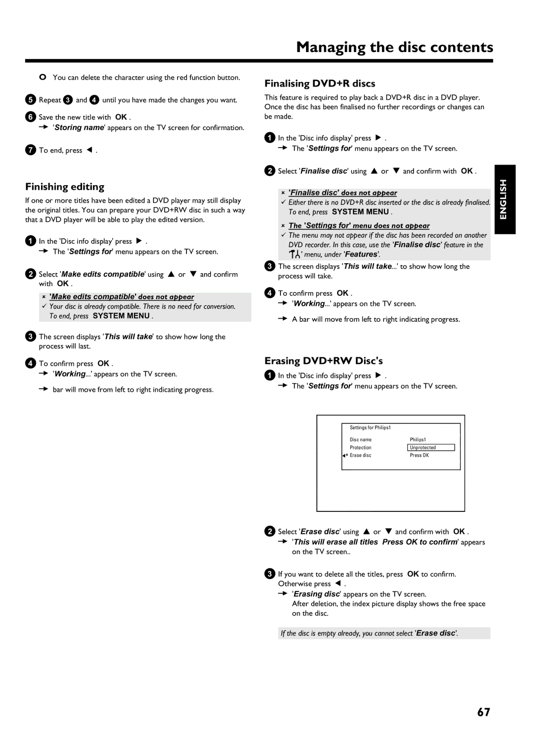 Philips HDRW 720/00-02 operating instructions Finishing editing, Finalising DVD+R discs, Erasing DVD+RW Discs 