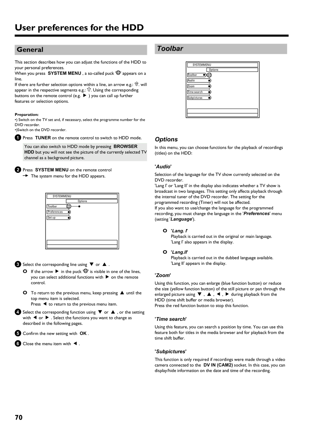 Philips HDRW 720/00-02 operating instructions User preferences for the HDD, Audio, Zoom, Time search, Subpictures 