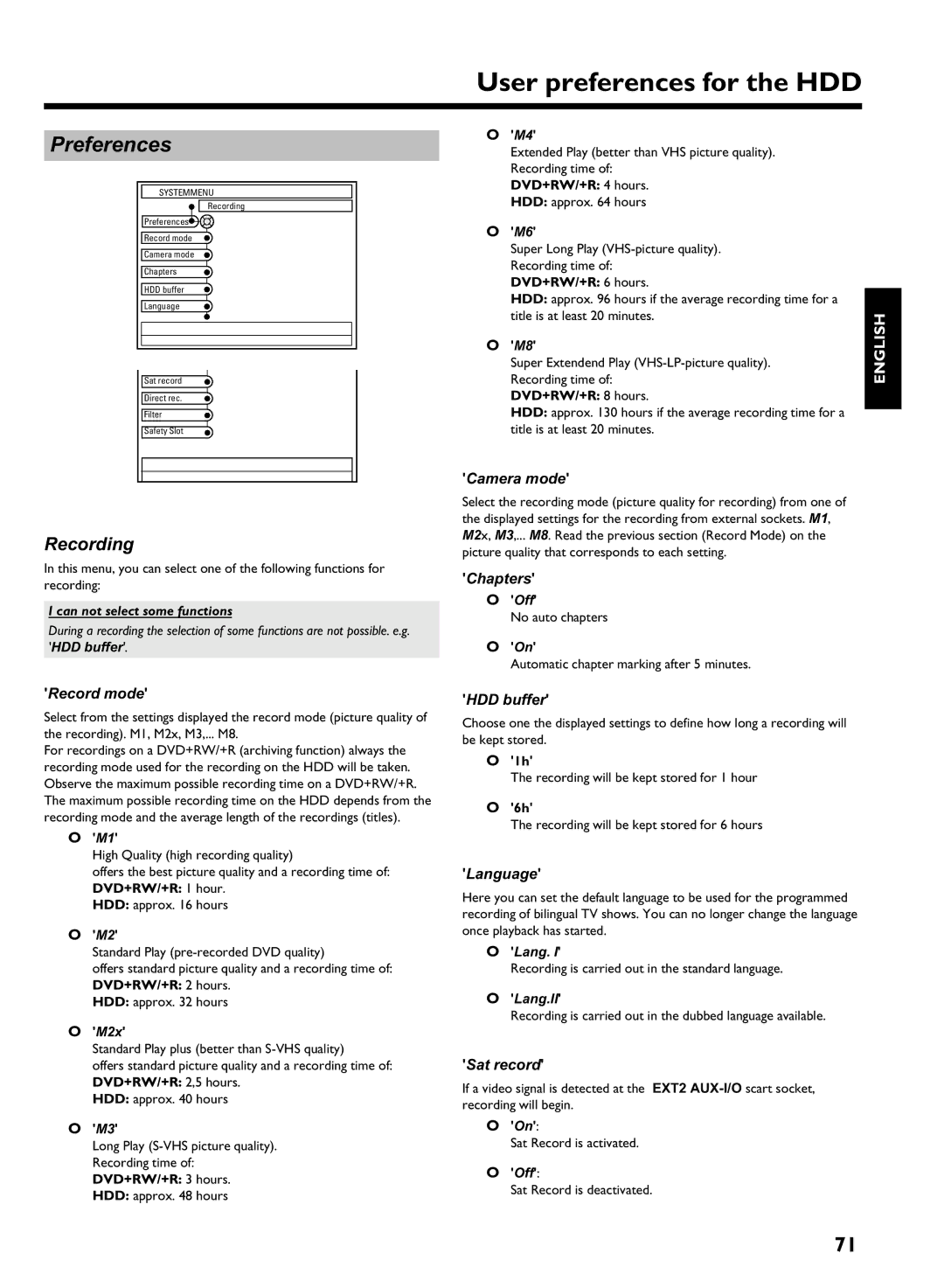 Philips HDRW 720/00-02 operating instructions Record mode, Camera mode, Chapters, HDD buffer, Sat record 