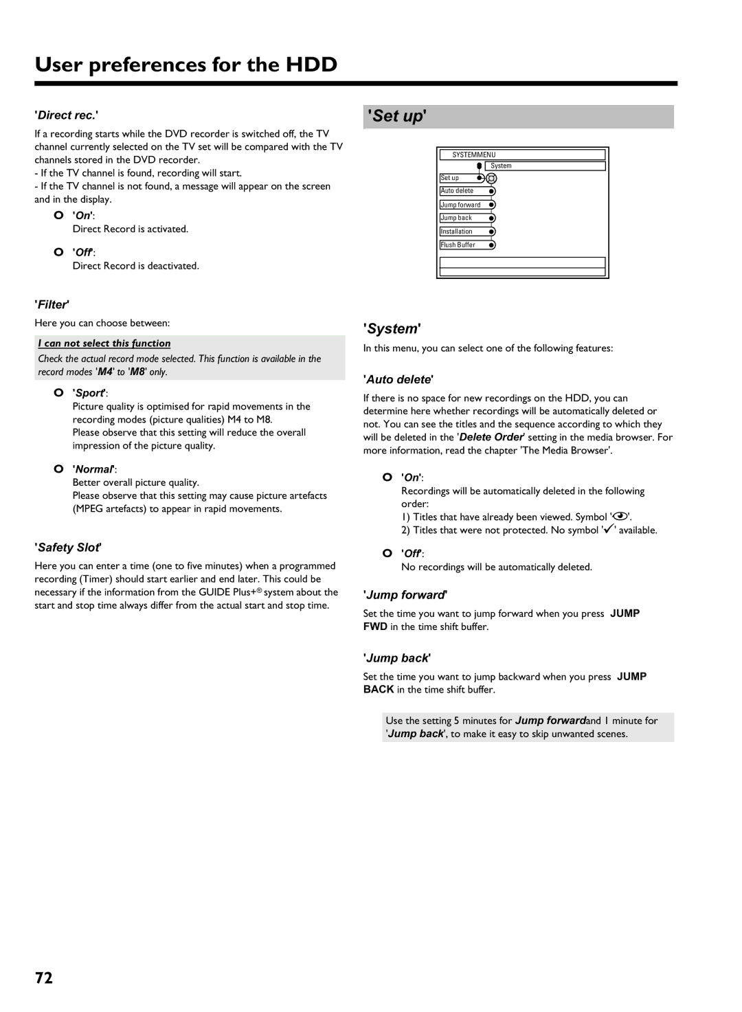 Philips HDRW 720/00-02 operating instructions Direct rec, Filter, Safety Slot, Jump forward, Jump back 