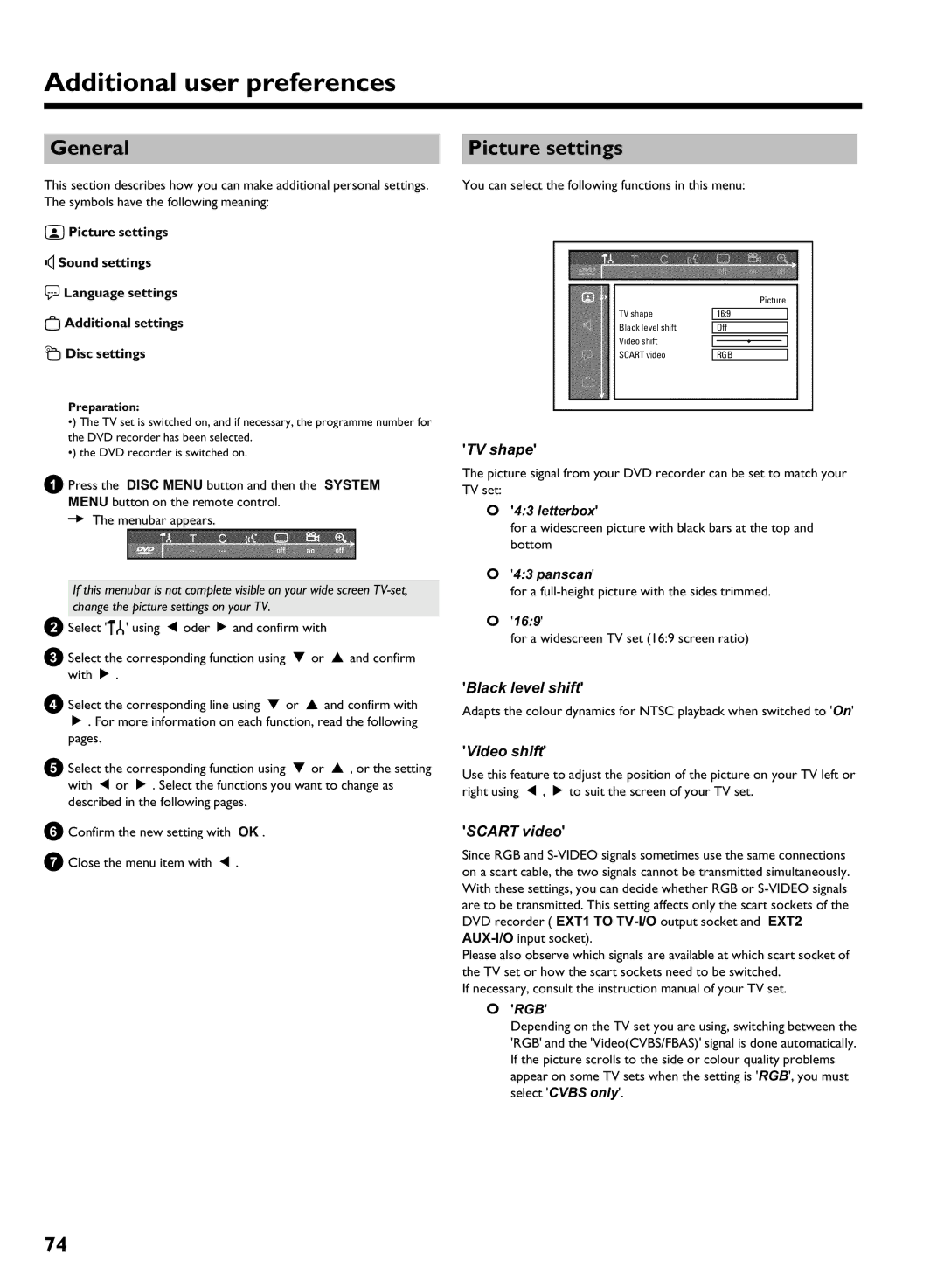 Philips HDRW 720/00-02 operating instructions Additional user preferences, Picture settings 