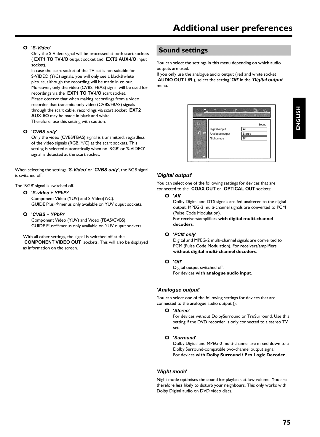 Philips HDRW 720/00-02 operating instructions Sound settings, Digital output, Analogue output, Night mode 