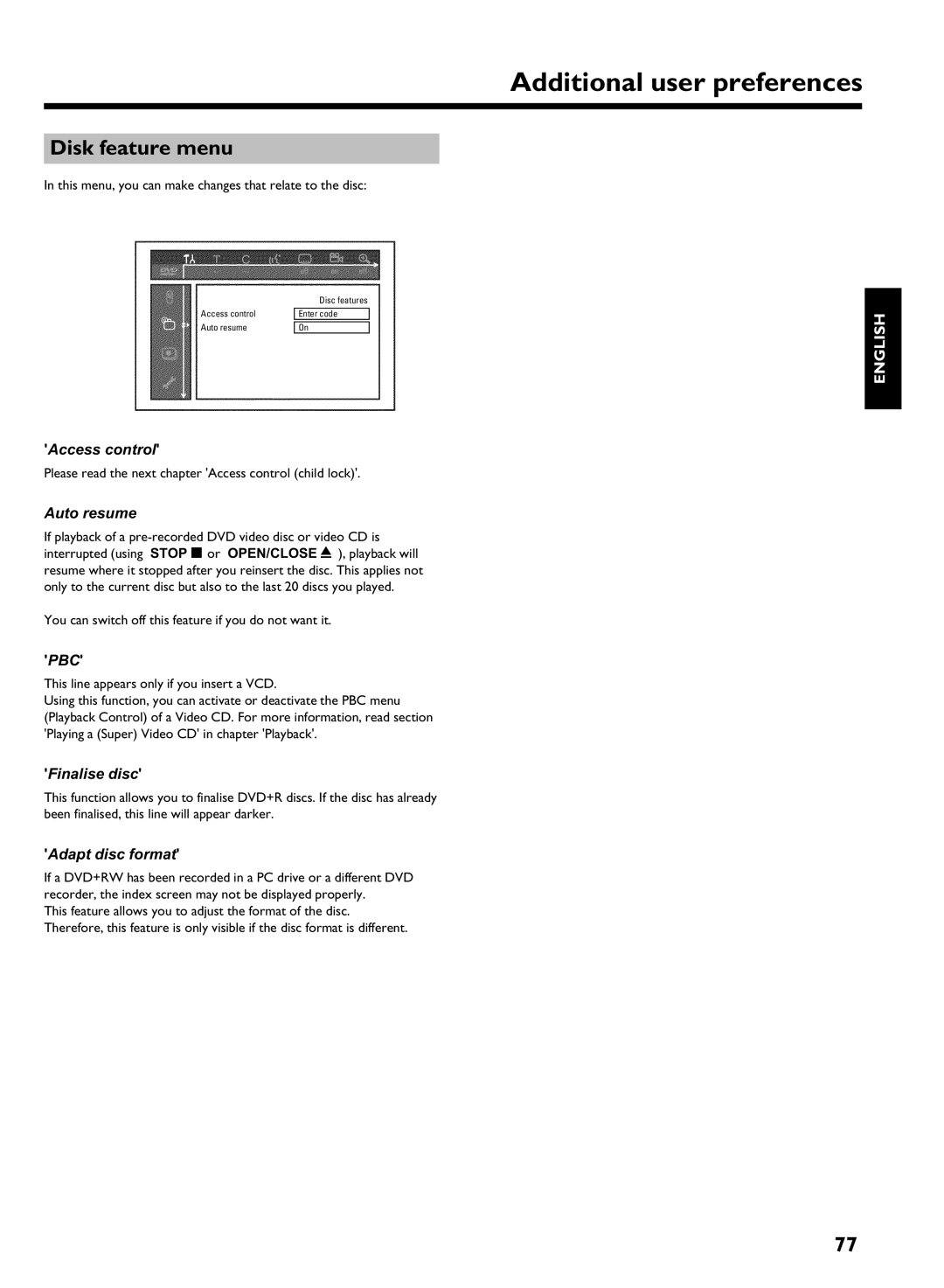 Philips HDRW 720/00-02 Disk feature menu, Access control, Auto resume, Finalise disc, Adapt disc format 