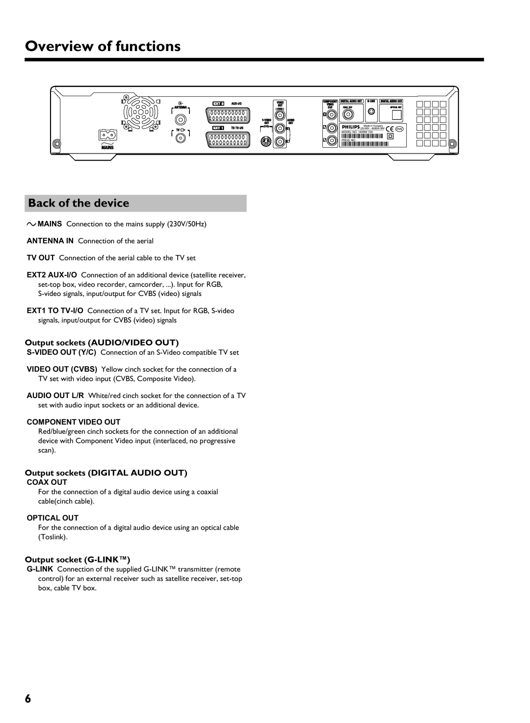 Philips HDRW 720/00-02 Back of the device, Output sockets AUDIO/VIDEO OUT, Output sockets Digital Audio OUT 