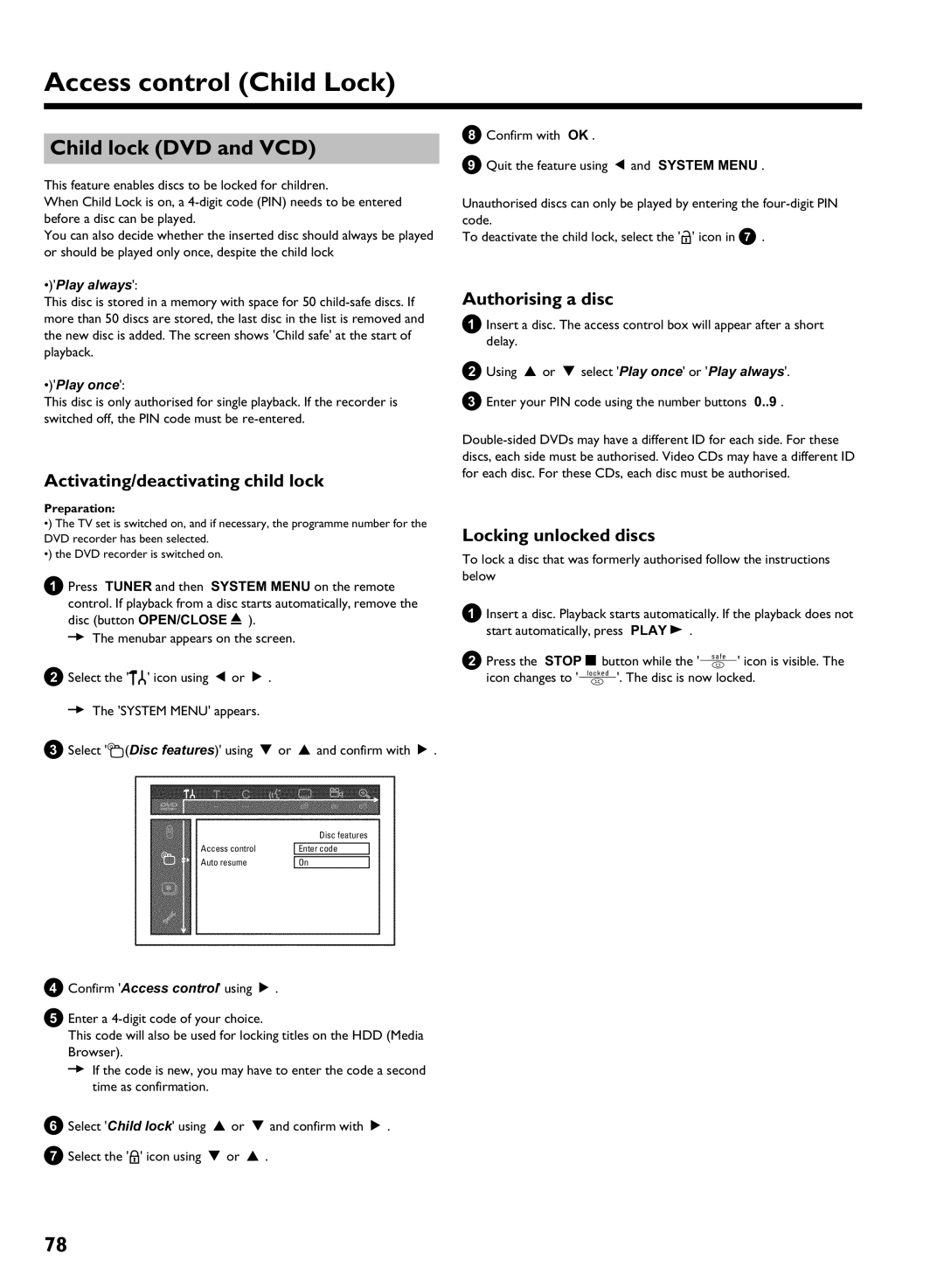 Philips HDRW 720/00-02 Access control Child Lock, Child lock DVD and VCD, Activating/deactivating child lock 