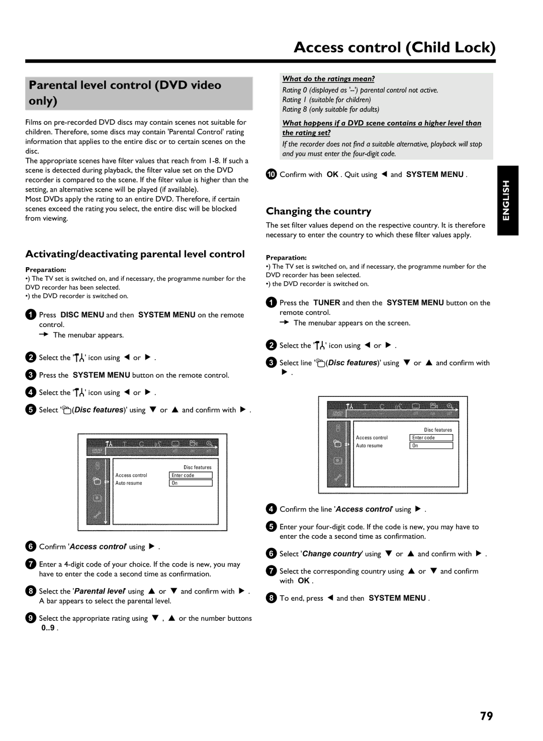 Philips HDRW 720/00-02 Parental level control DVD video only, Activating/deactivating parental level control 