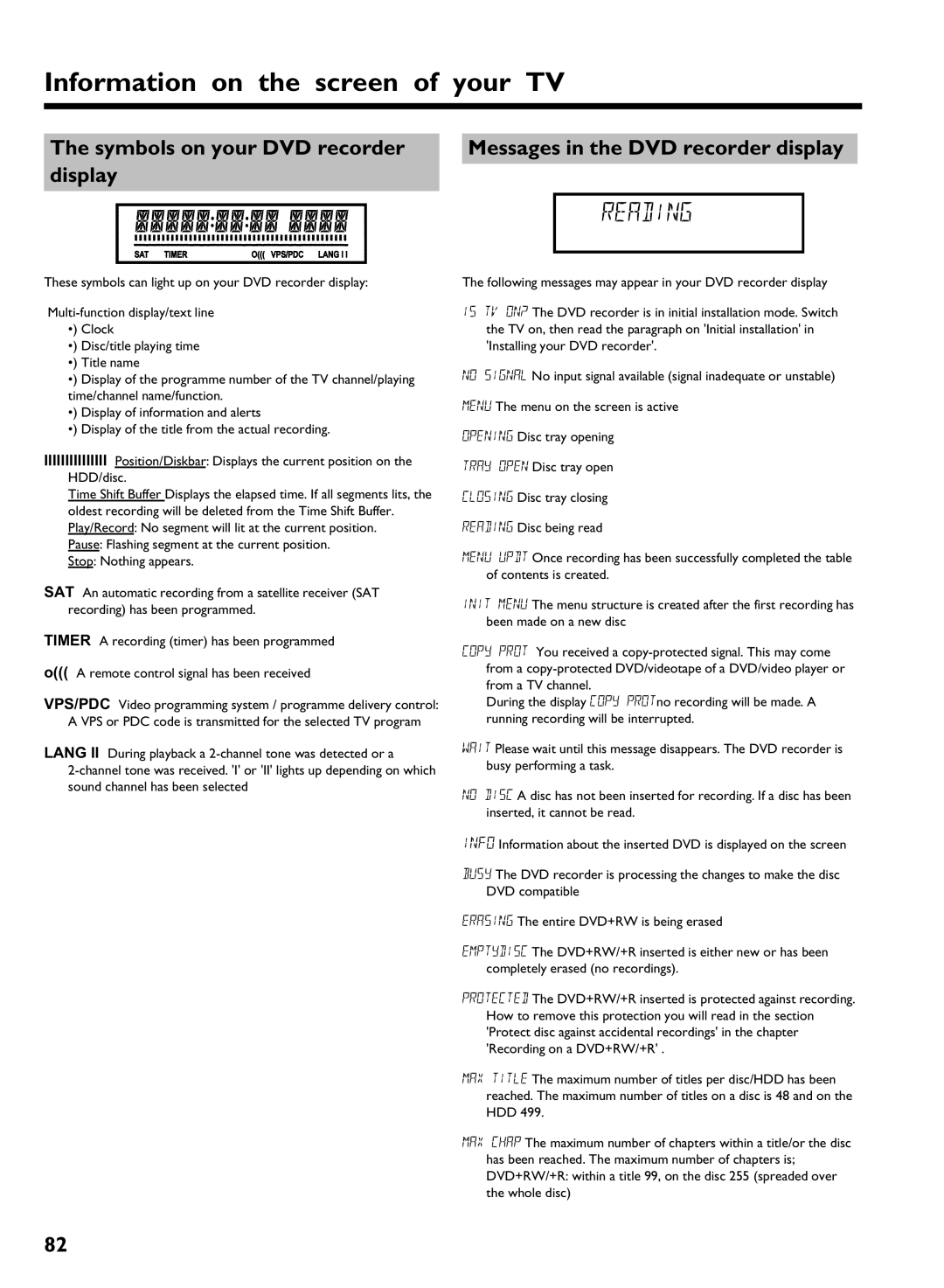 Philips HDRW 720/00-02 operating instructions Symbols on your DVD recorder display, Messages in the DVD recorder display 