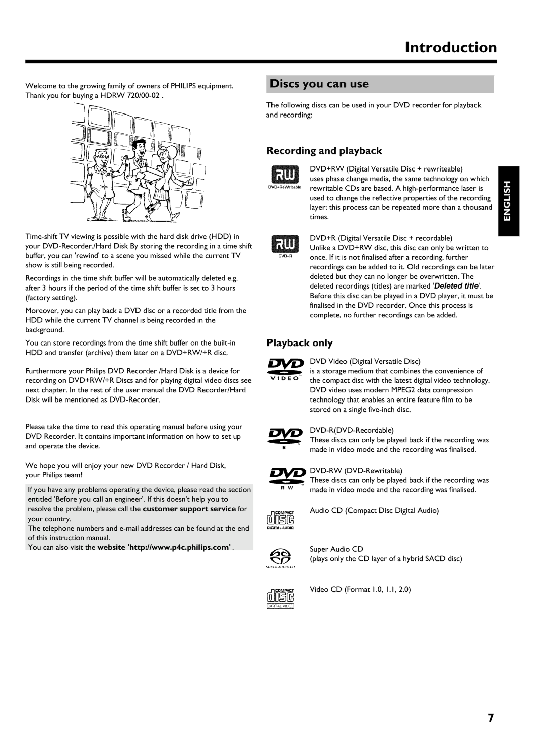 Philips HDRW 720/00-02 operating instructions Introduction, Discs you can use, Recording and playback, Playback only 