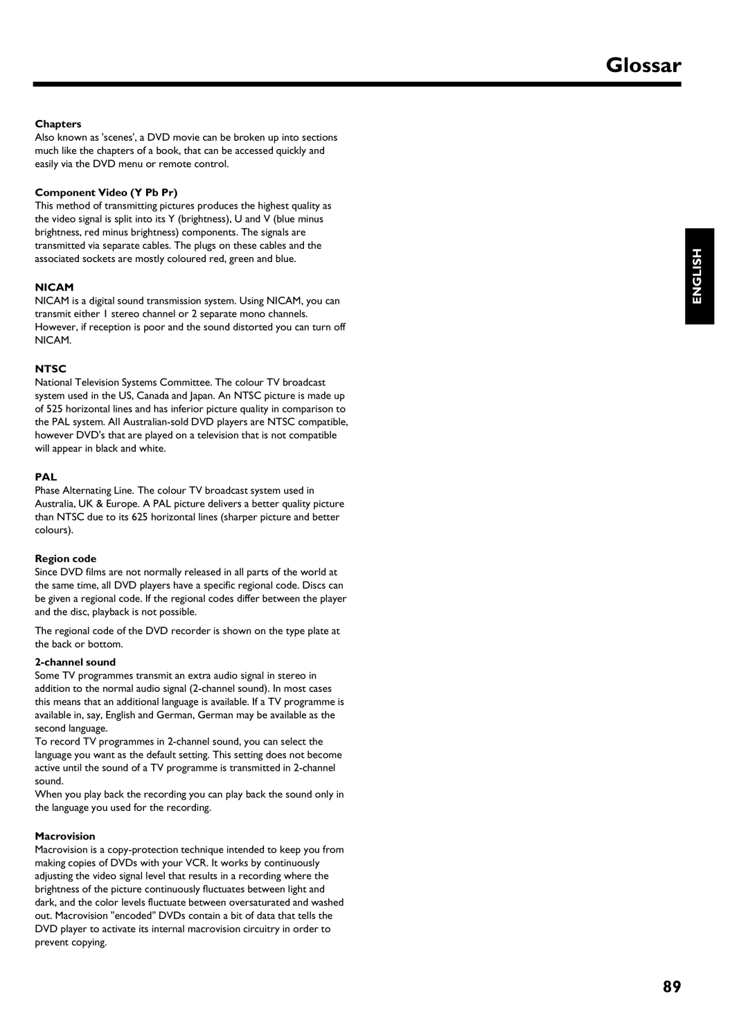 Philips HDRW 720/00-02 operating instructions Glossar, Ntsc, Pal 