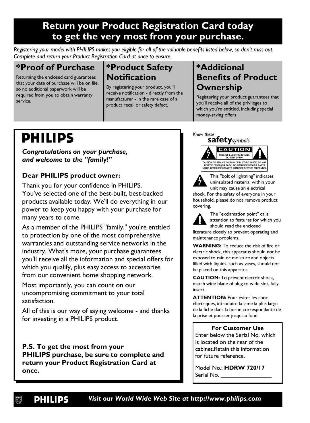 Philips HDRW 720/17 manual Proof of Purchase Product Safety Additional, Notification Benefits of Product, Ownership 