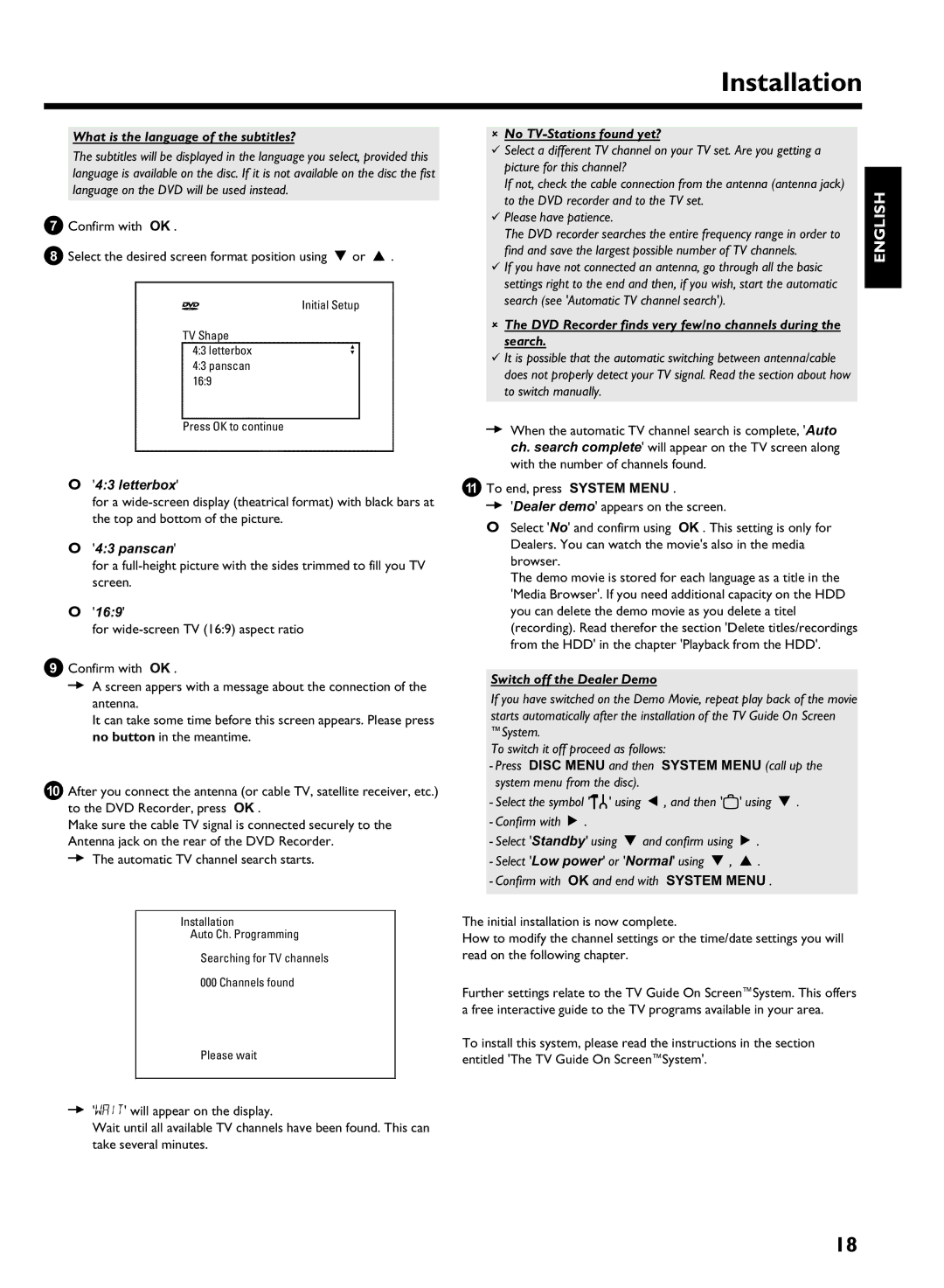 Philips HDRW 720/17 manual What is the language of the subtitles?, Letterbox, Panscan, 169, No TV-Stations found yet? 