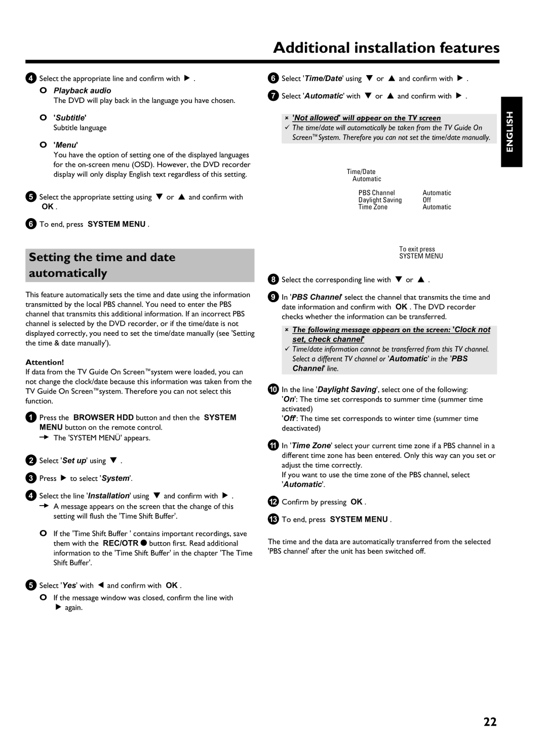 Philips HDRW 720/17 manual Setting the time and date automatically, Playback audio, Menu 