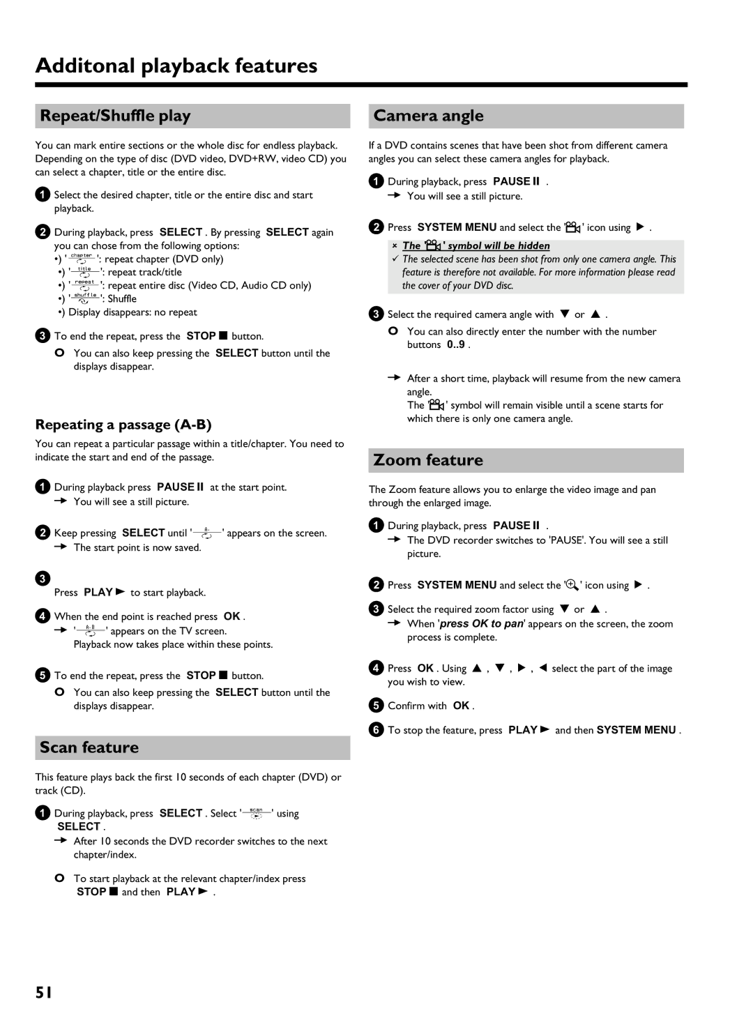 Philips HDRW 720/17 manual Repeat/Shuffle play, Scan feature, Camera angle, Zoom feature, Repeating a passage a 