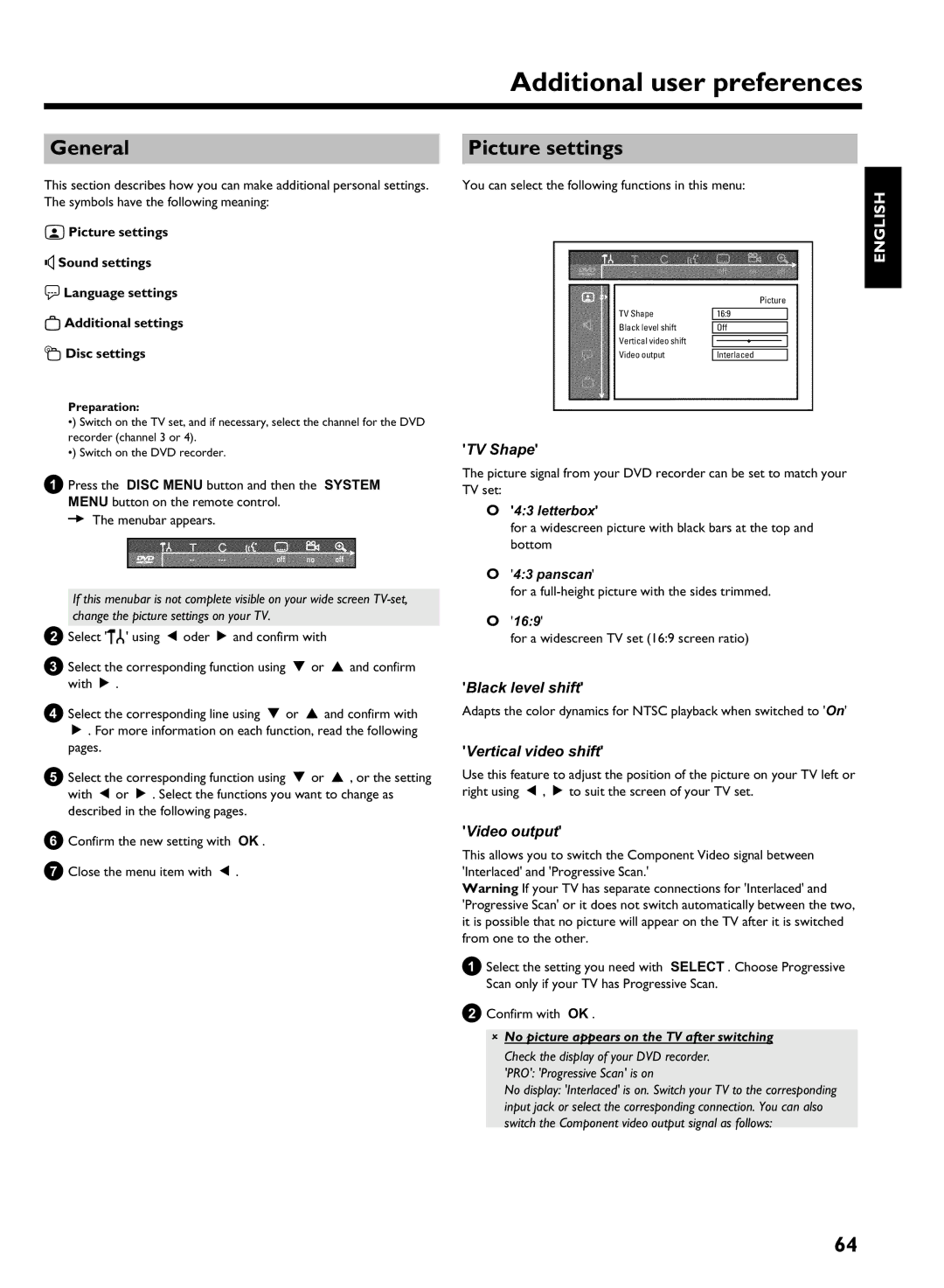 Philips HDRW 720/17 Additional user preferences, Picture settings, You can select the following functions in this menu 