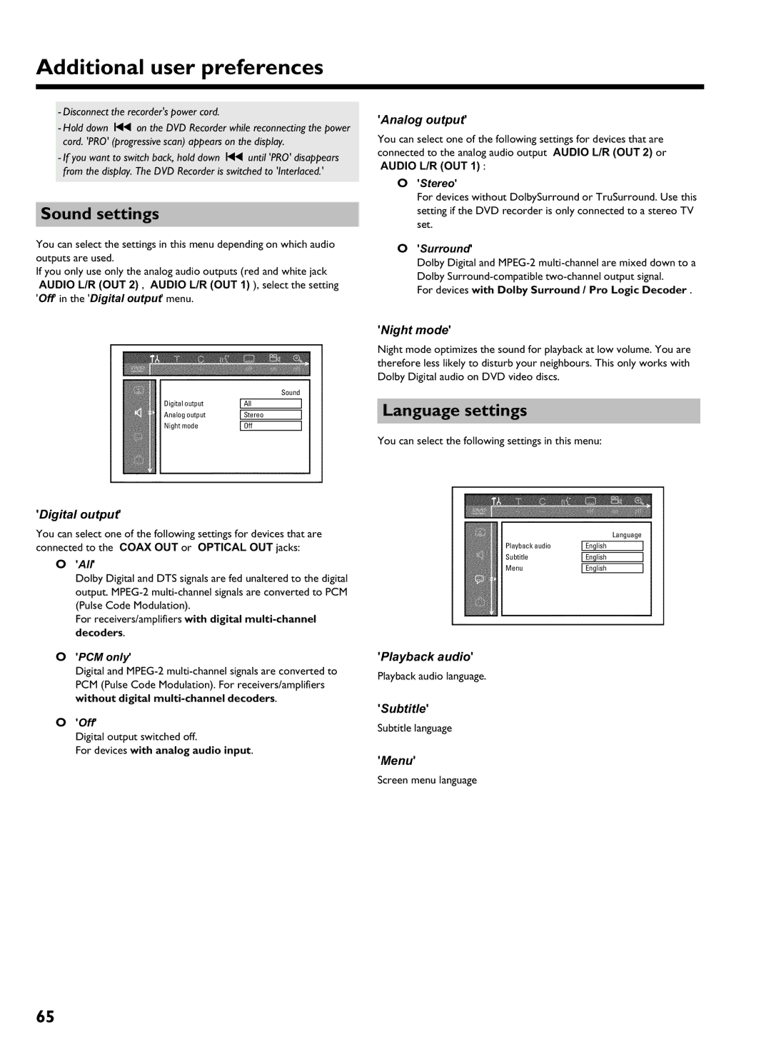 Philips HDRW 720/17 manual Sound settings, Language settings, Surround, All, PCM only 