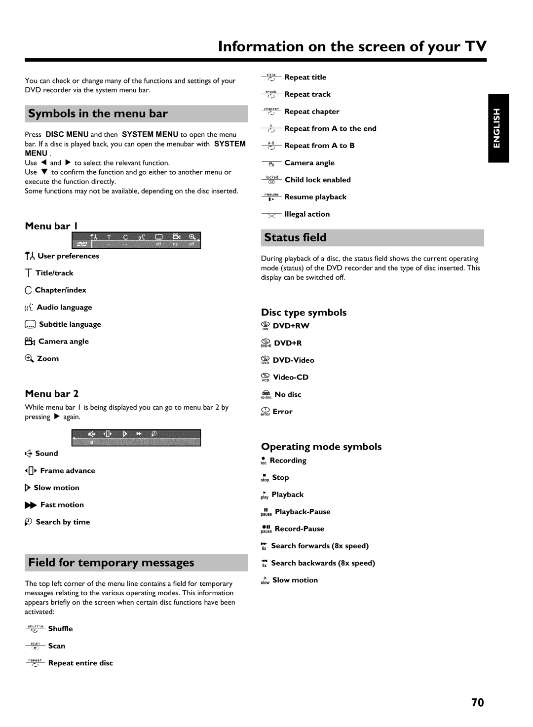 Philips HDRW 720/17 manual Information on the screen of your TV, Symbols in the menu bar, Field for temporary messages 