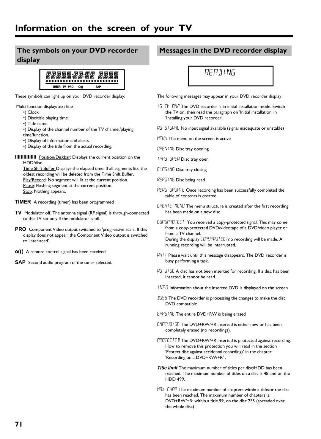 Philips HDRW 720/17 manual Symbols on your DVD recorder display, Messages in the DVD recorder display 