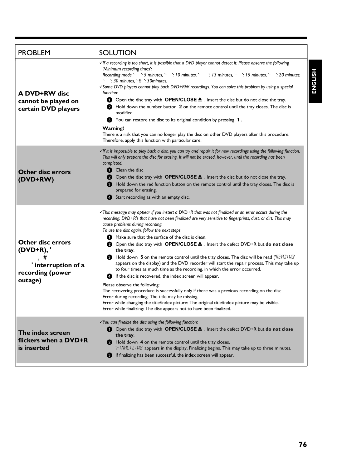 Philips HDRW 720/17 manual DVD+RW disc cannot be played on certain DVD players, Other disc errors DVD+RW 