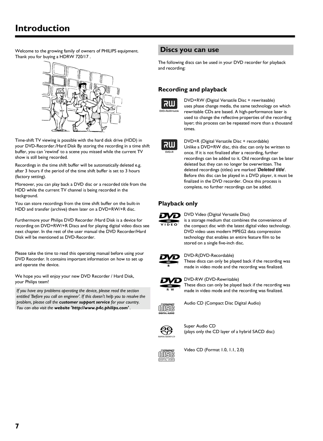 Philips HDRW 720/17 manual Introduction, Discs you can use, Recording and playback, Playback only 