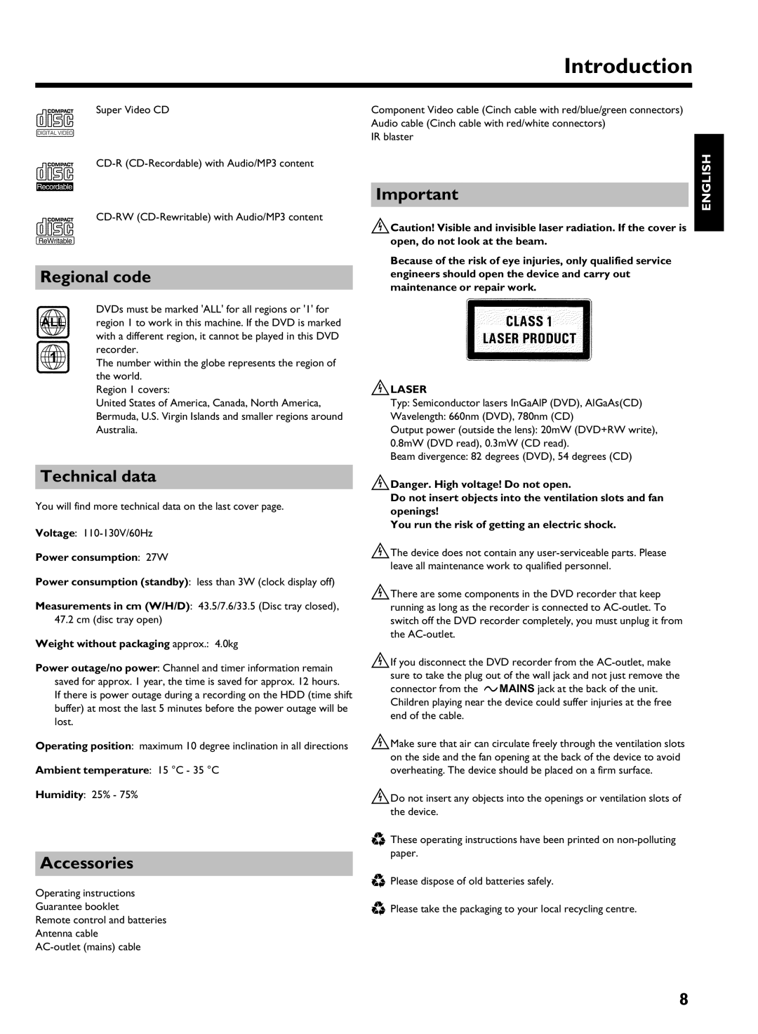 Philips HDRW 720/17 manual Regional code, Technical data, Accessories 