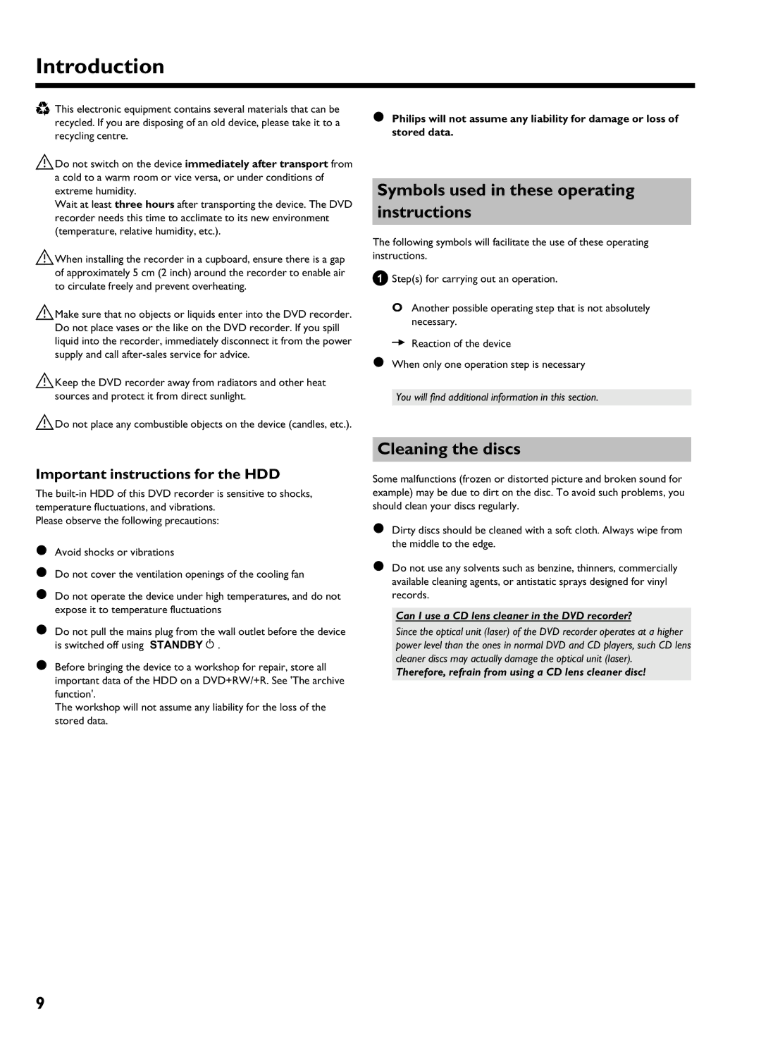 Philips HDRW 720/17 Symbols used in these operating instructions, Cleaning the discs, Important instructions for the HDD 