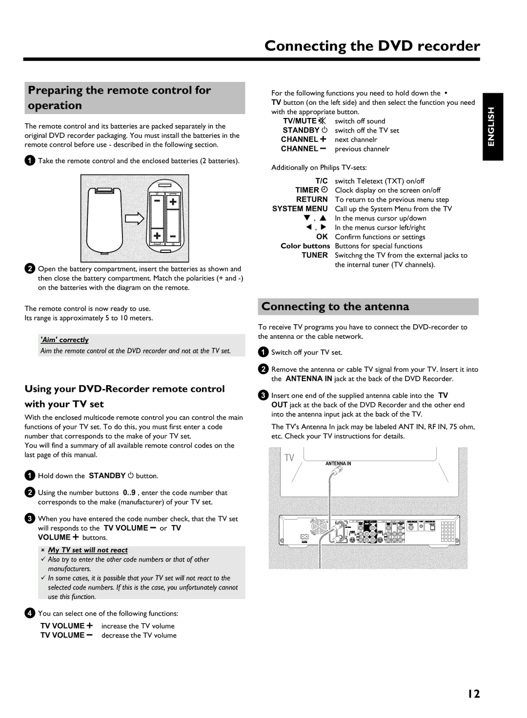 Philips HDRW 720/17 Connecting the DVD recorder, Preparing the remote control for operation, Connecting to the antenna 