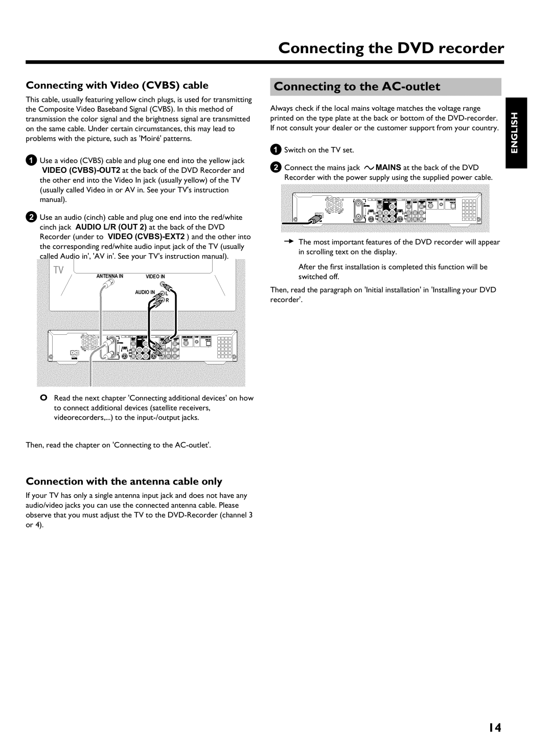 Philips HDRW 720/17 manual Connecting to the AC, Connecting with Video Cvbs cable, Connection with the antenna cable only 