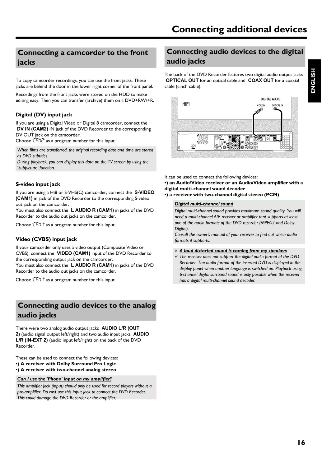 Philips HDRW 720/17 manual Connecting a camcorder to the front jacks, Connecting audio devices to the digital audio jacks 