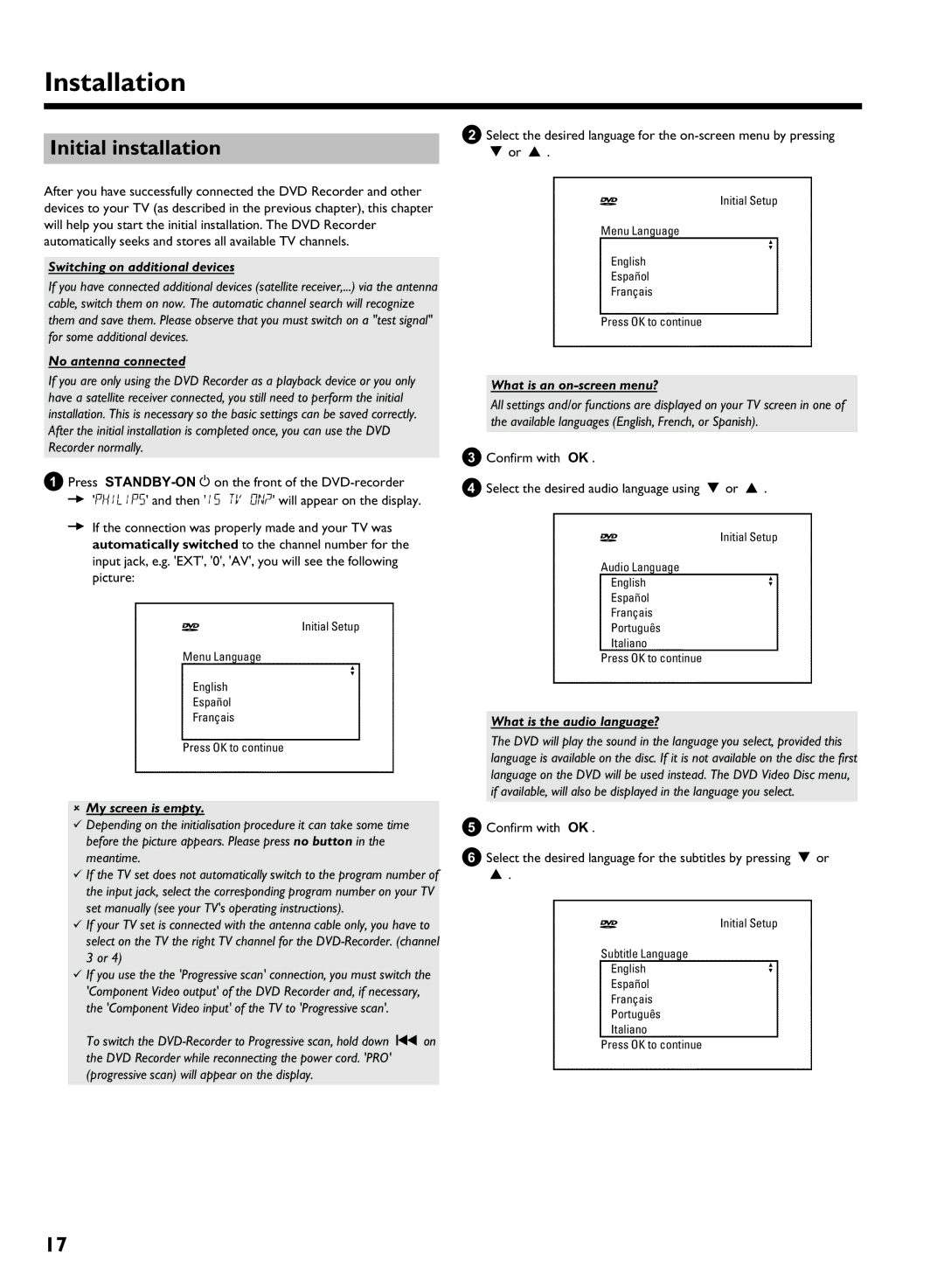 Philips HDRW 720/17 manual Installation, Initial installation 