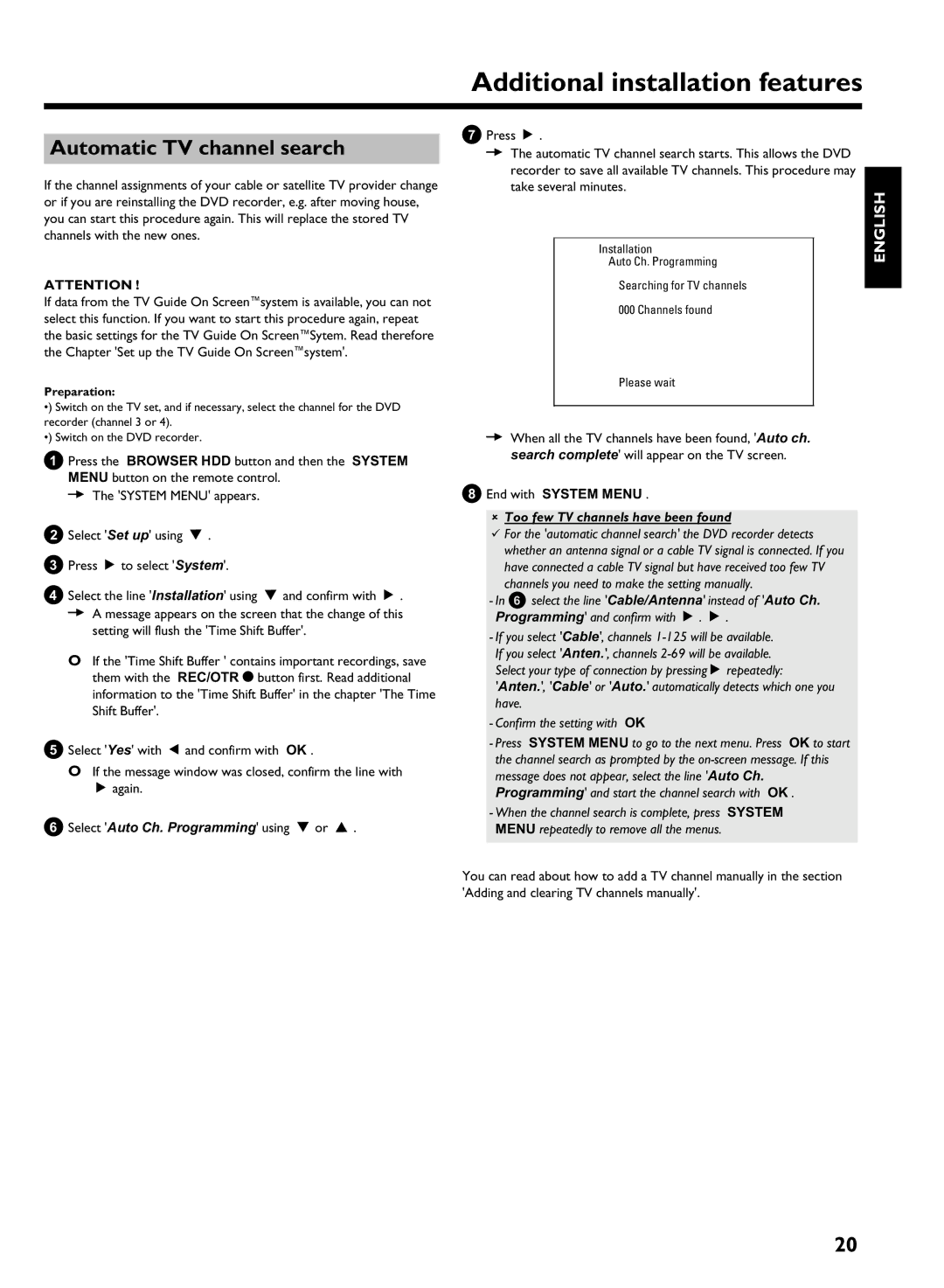Philips HDRW 720/17 manual Additional installation features, Automatic TV channel search, End with System Menu 