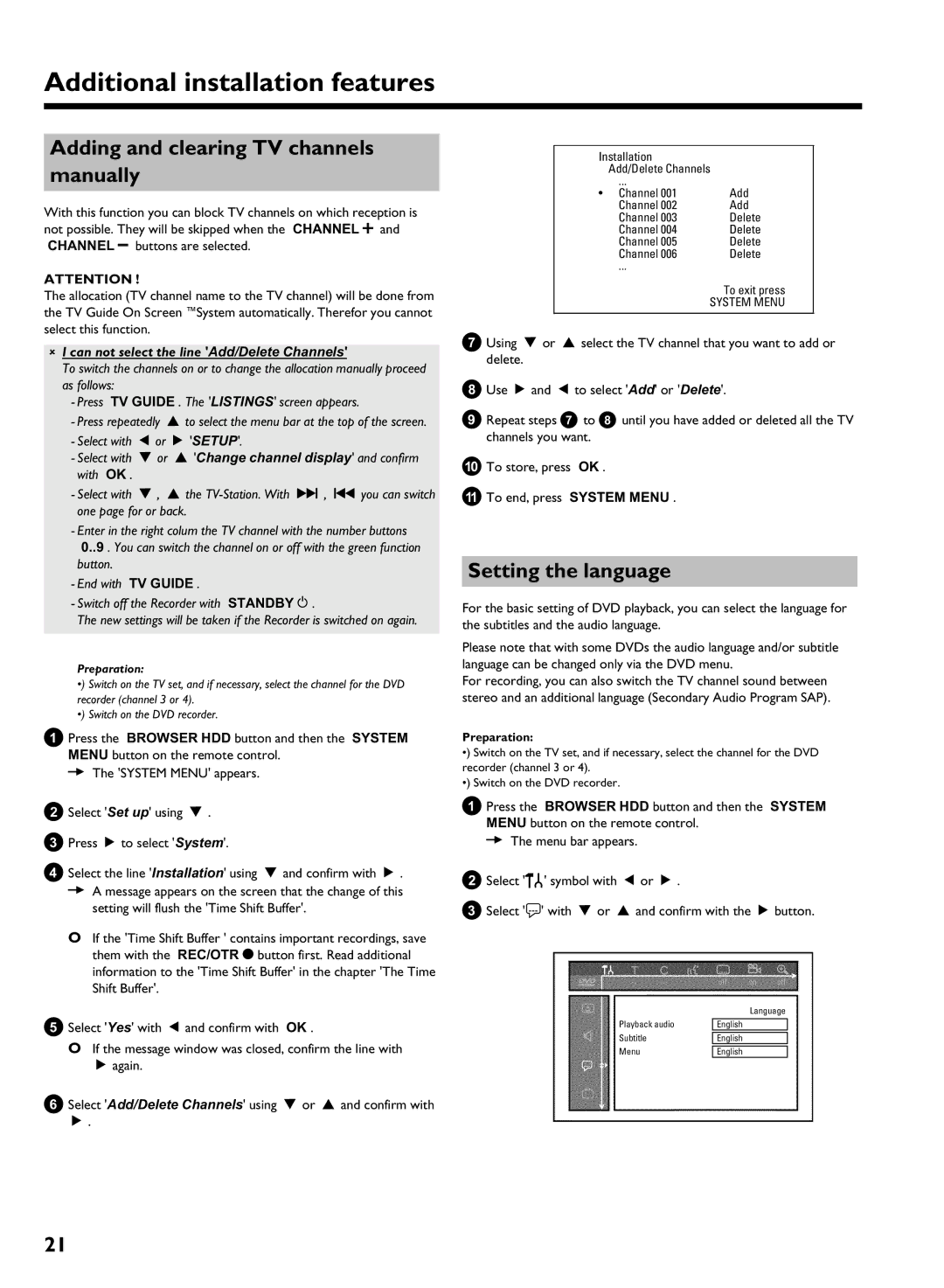 Philips HDRW 720/17 Adding and clearing TV channels manually, Setting the language 