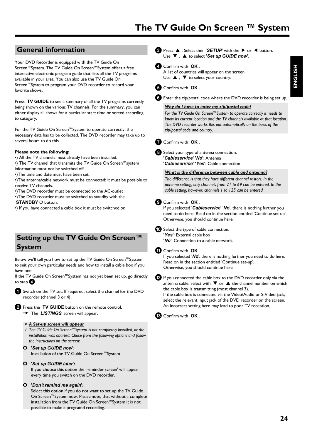 Philips HDRW 720/17 manual General information, Setting up the TV Guide On Screen System 