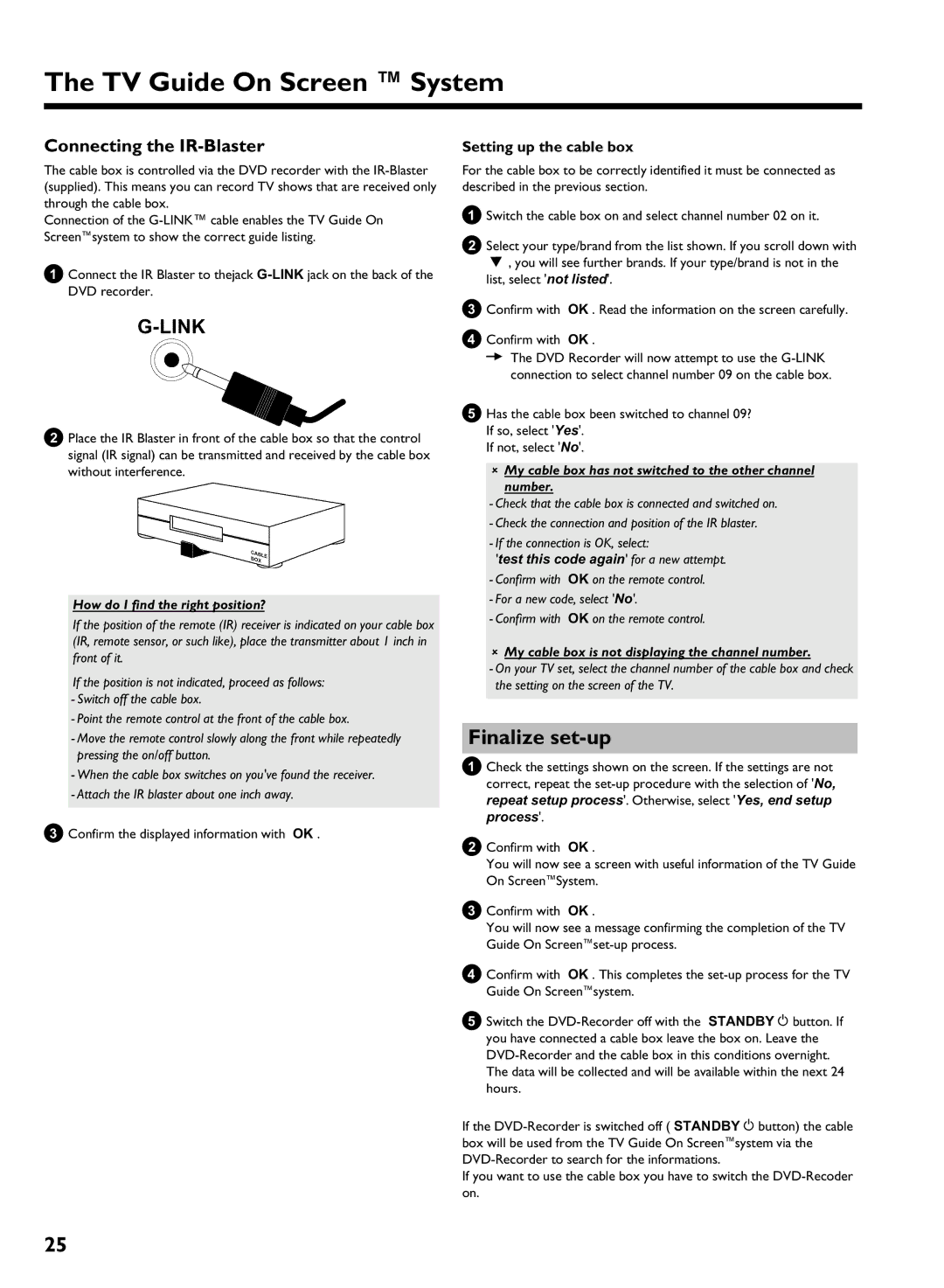 Philips HDRW 720/17 manual Finalize set, Connecting the IR, Setting up the cable box 