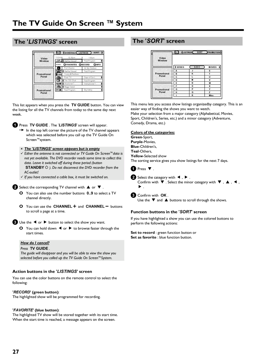 Philips HDRW 720/17 manual Listings screenThe Sort screen, Action buttons in the Listings screen, How do I cancel? 