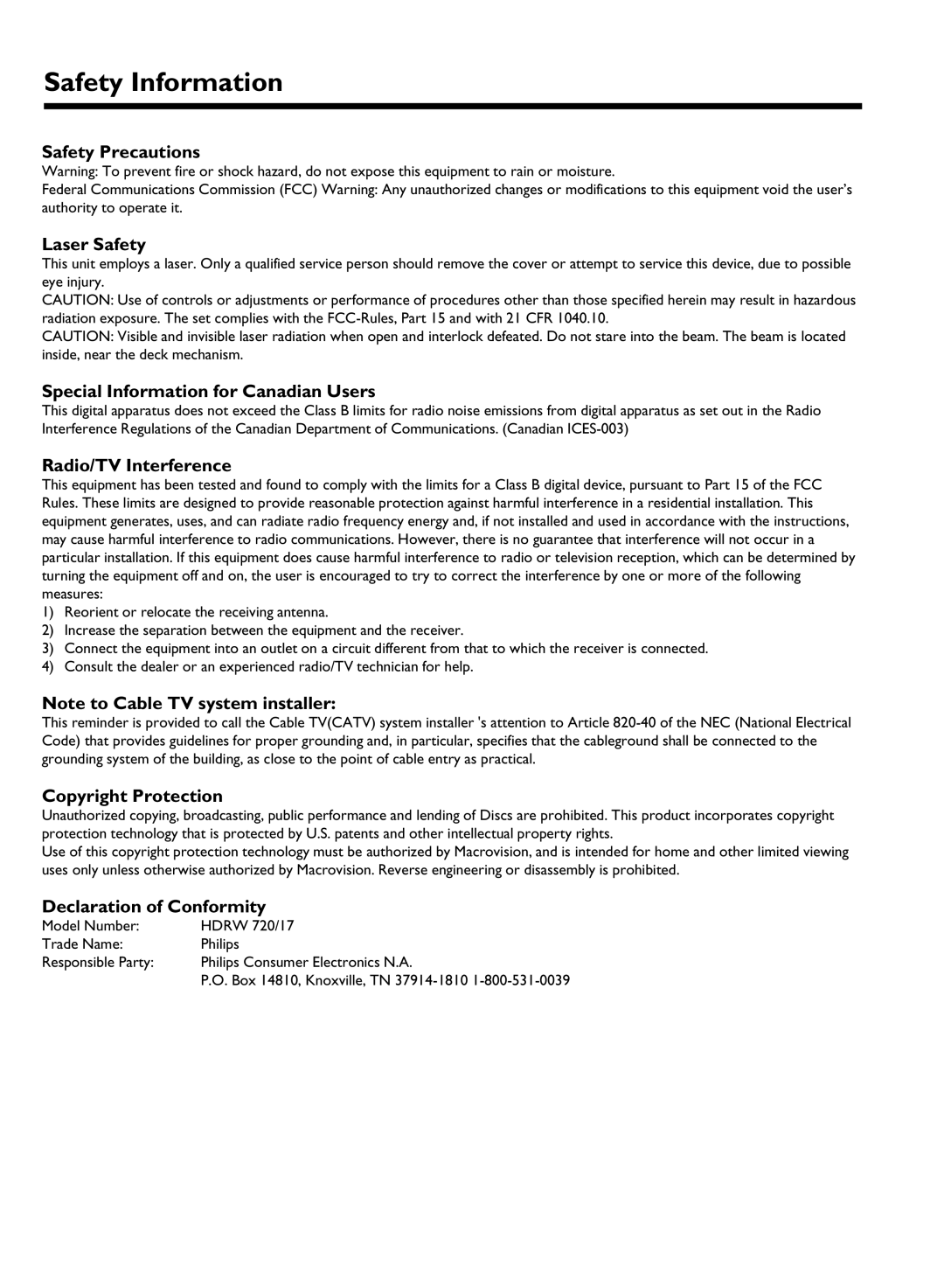 Philips HDRW 720/17 manual Safety Information 