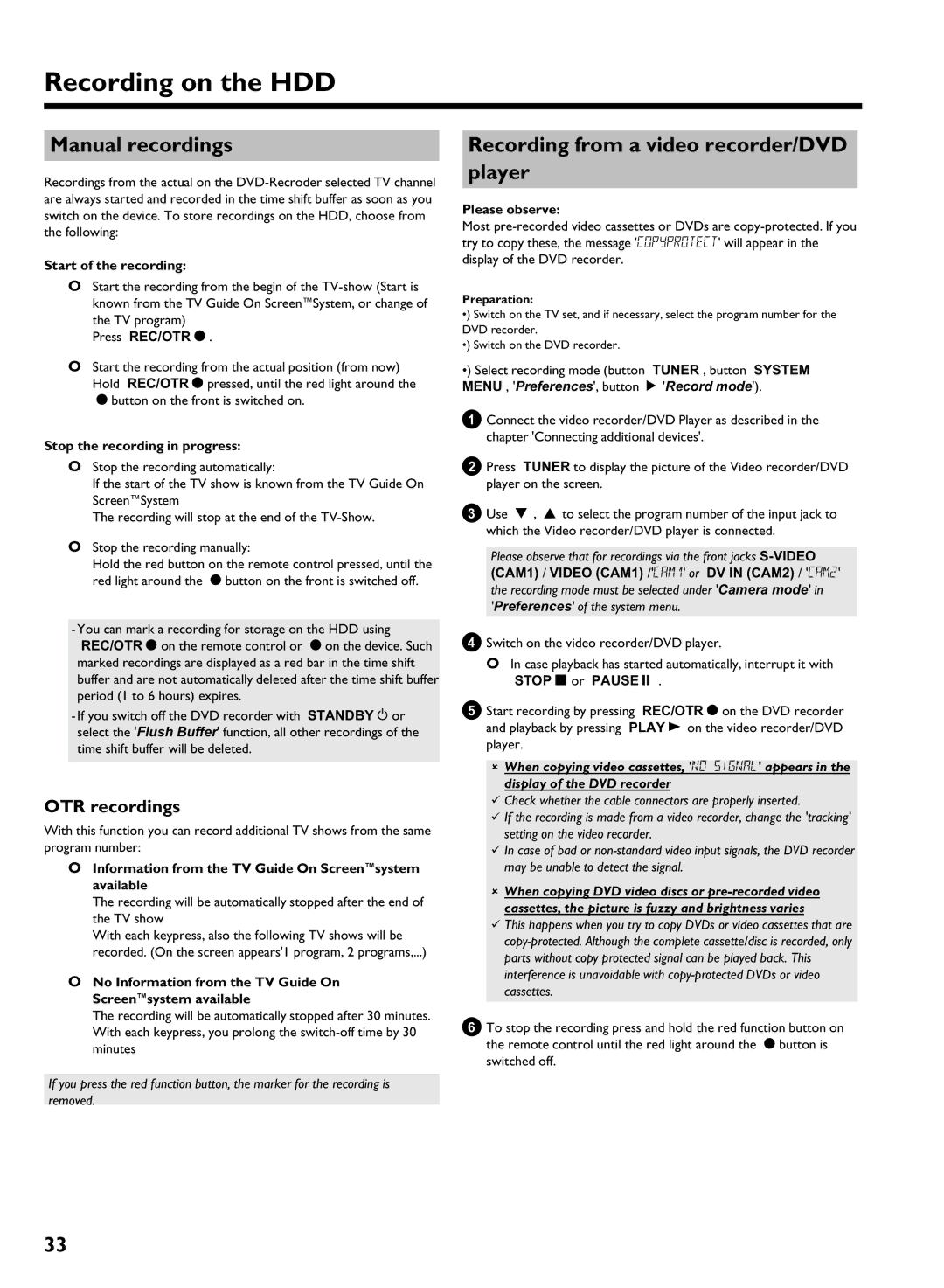 Philips HDRW 720/17 manual Manual recordings, Recording from a video recorder/DVD player, OTR recordings 