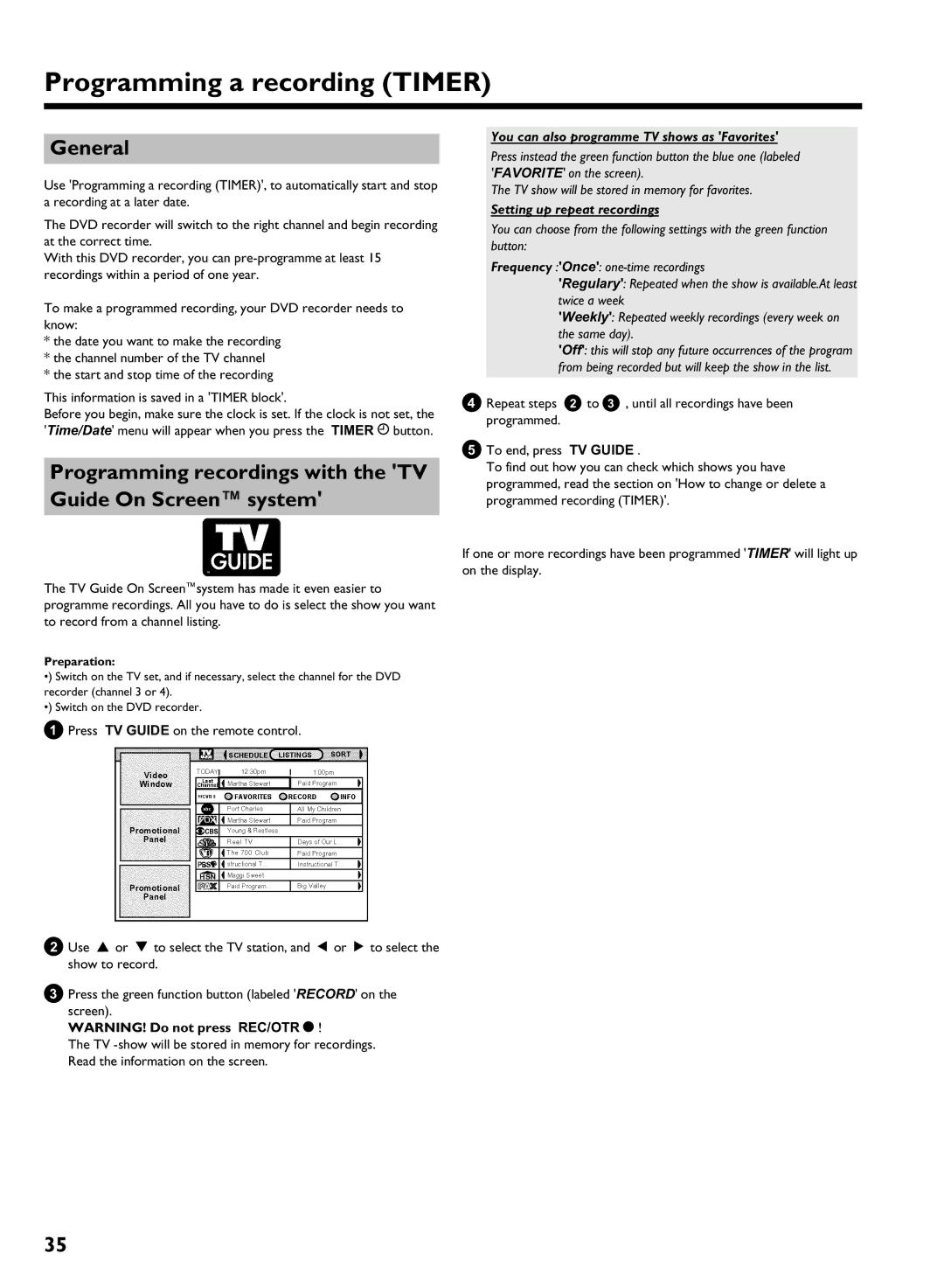 Philips HDRW 720/17 manual Programming a recording Timer, Programming recordings with the TV Guide On Screen system 