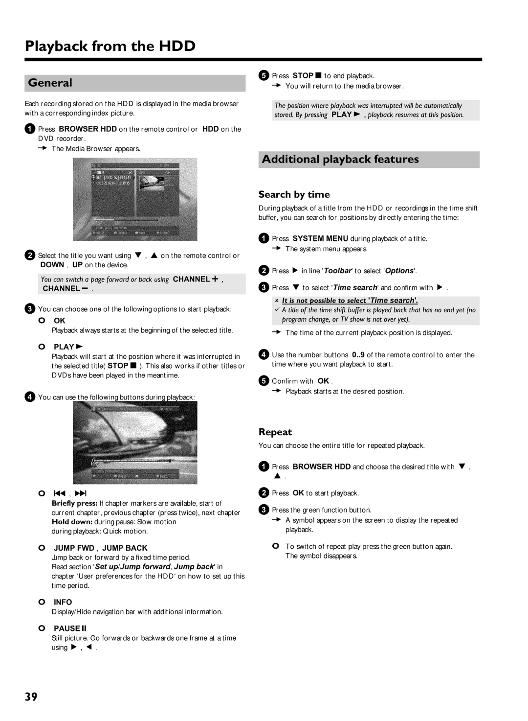 Philips HDRW 720/17 manual Playback from the HDD, Additional playback features, Search by time, Repeat 