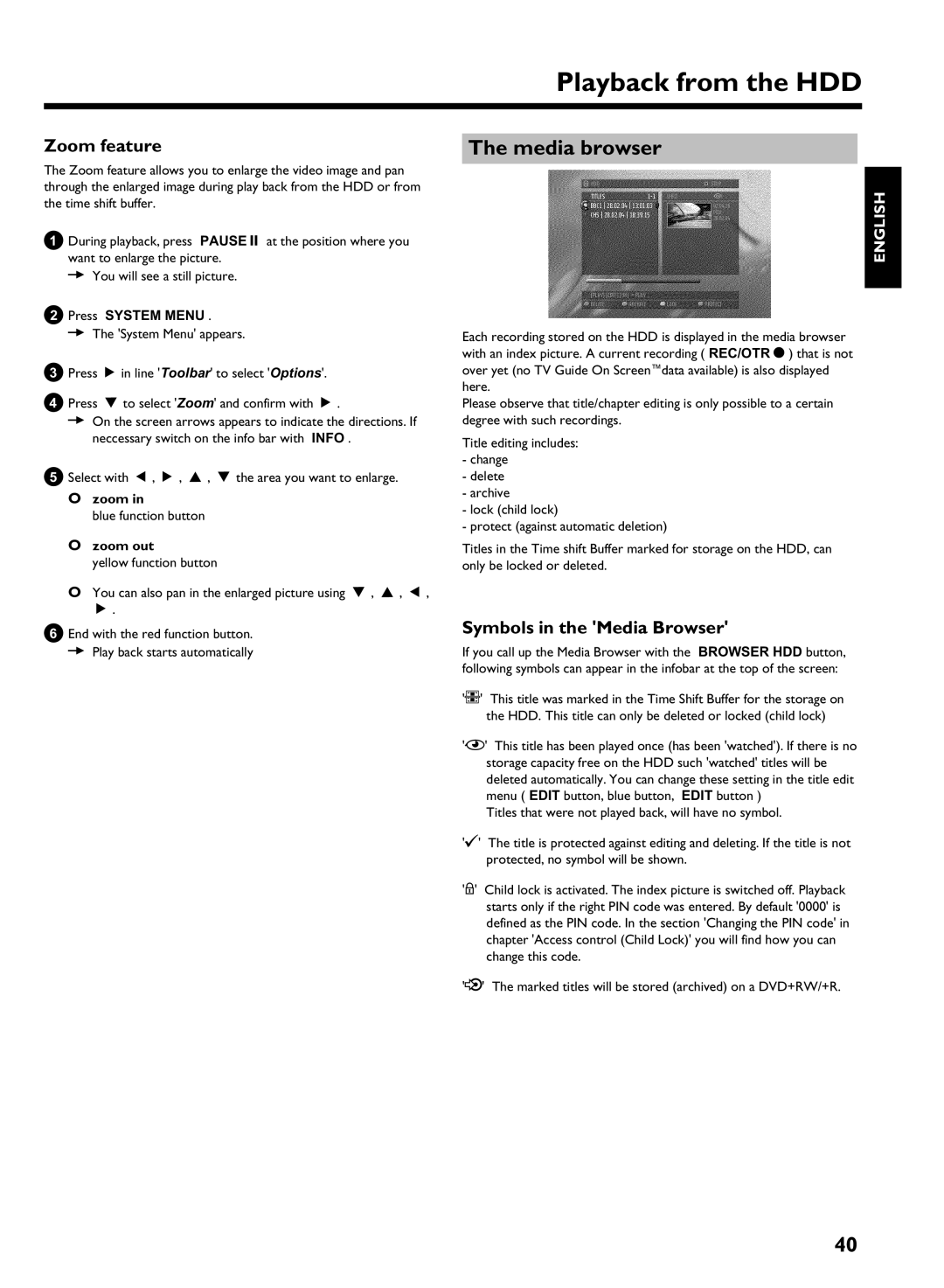 Philips HDRW 720/17 manual Media browser, Zoom feature, Symbols in the Media Browser 