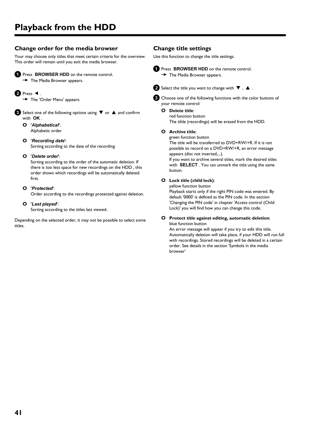 Philips HDRW 720/17 manual Change order for the media browser, Change title settings 