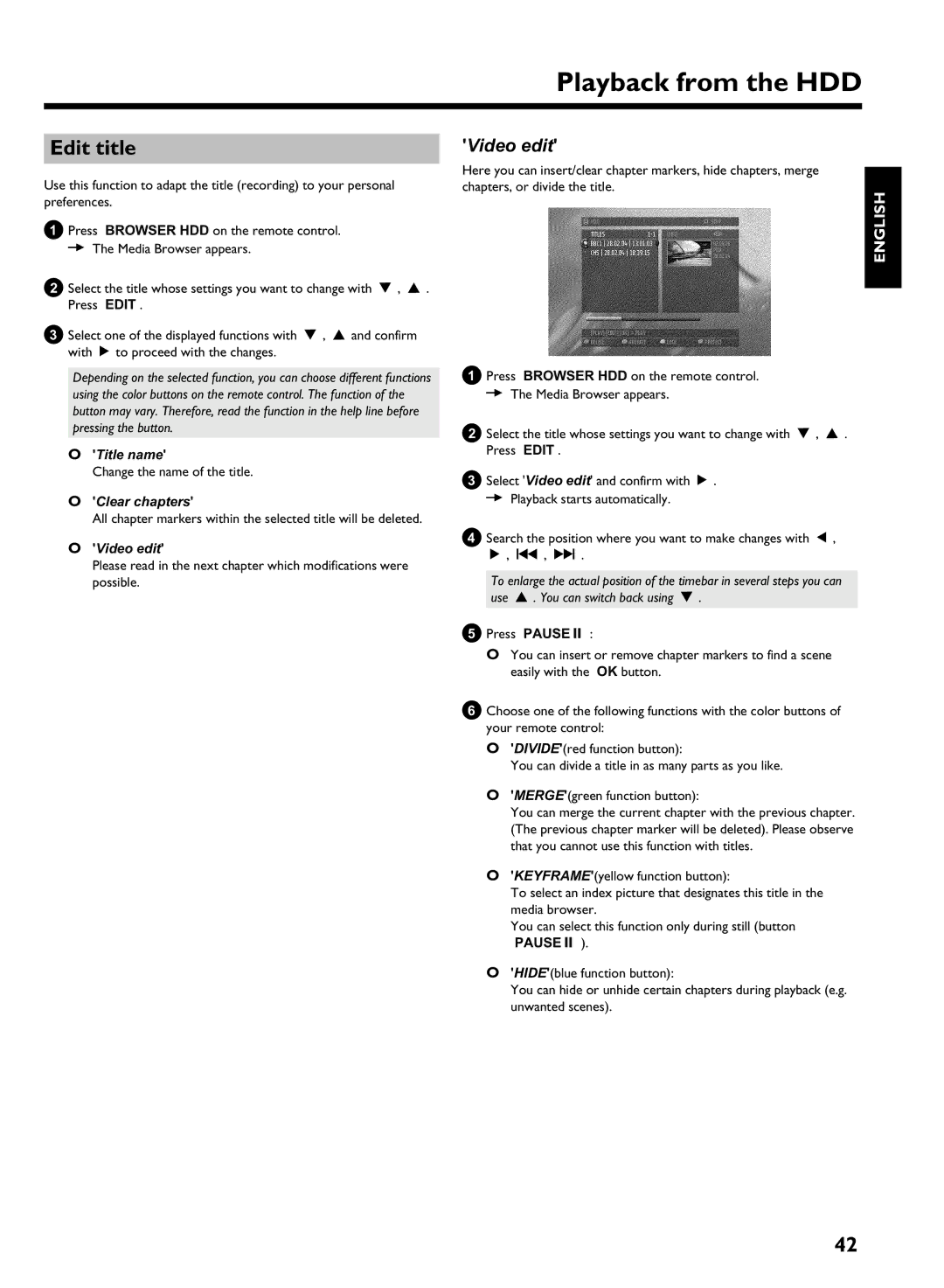 Philips HDRW 720/17 manual Edit title, Title name, Change the name of the title, Clear chapters, Video edit 